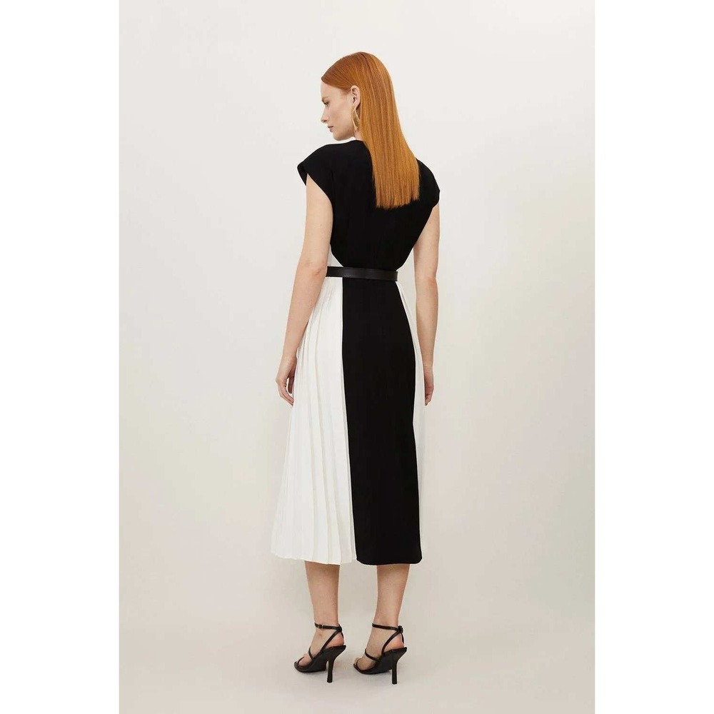 Karen Millen Dress Petite Contrast Pleated Panel Skirt Midi 8 Black Ivory Mono - Picture 3 of 16